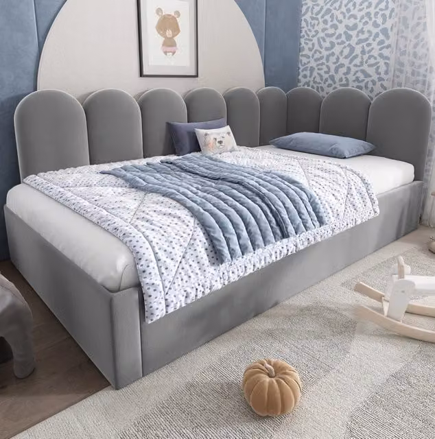 Divano letto 90x200 cm con letto estraibile e griglia; velluto grigio (Senza materasso)
