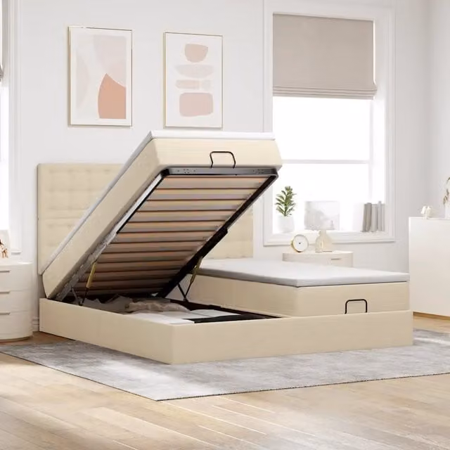 Letto moderno vidaXL con base contenitore a sollevamento, illuminazione sottostante e porte di ricarica USB, colore beige e bianco, L/P/H: 180 x 200 x 128 cm