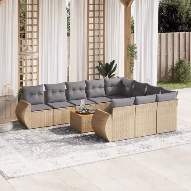 Set di divani da giardino VIDAXL in polyrattan con cuscini beige, 11 pezzi – 1