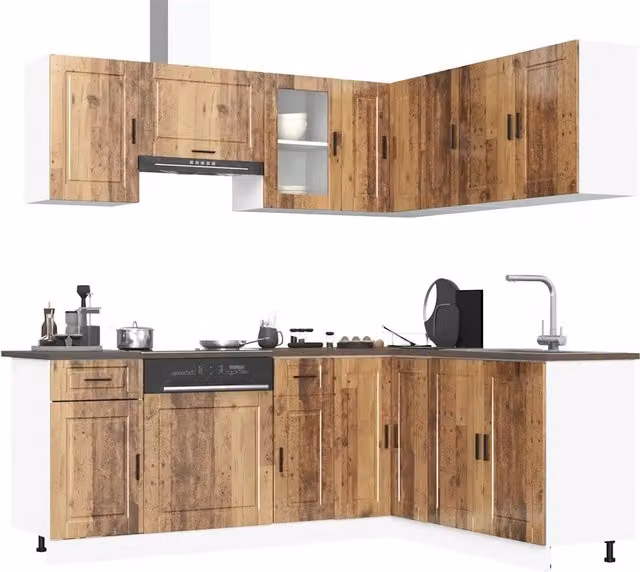 Set Mobili da Cucina Rustici vidaXL in MDF e Vetro Marrone con Ante a Battente e Scaffali Aperti L/P/H: 81,5 x 46 x 80 cm