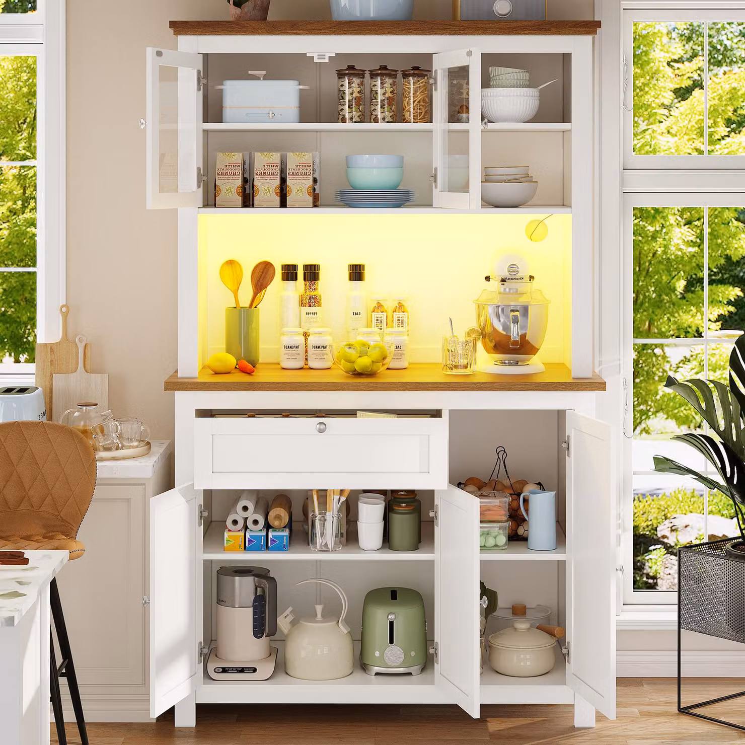 mobile da cucina okwish con grande capacità, con mobile alto con ripiani regolabili, buffet da cucina con illuminazione LED variabile, bianco