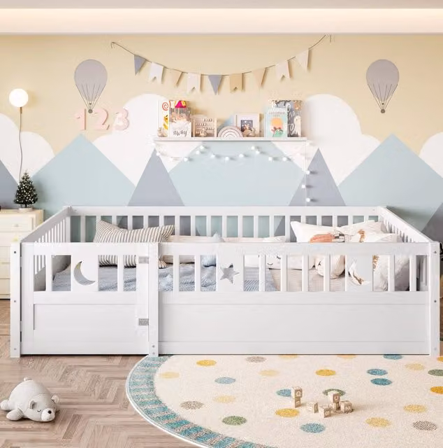 Letto per bambini ULEVR 140x190 cm con sponde di sicurezza richiudibili, decorazioni stella e luna, bianco