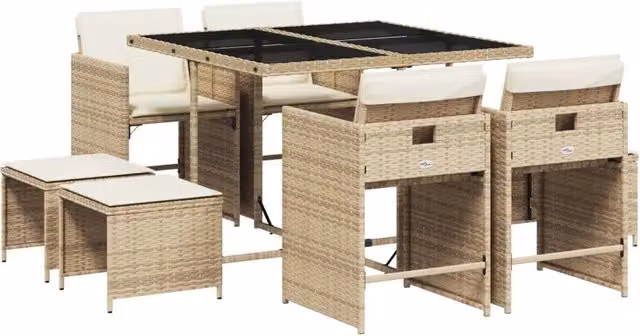 Set da Pranzo da Giardino 9 pz in Polyrattan con Piano in Vetro e Cuscini Beige