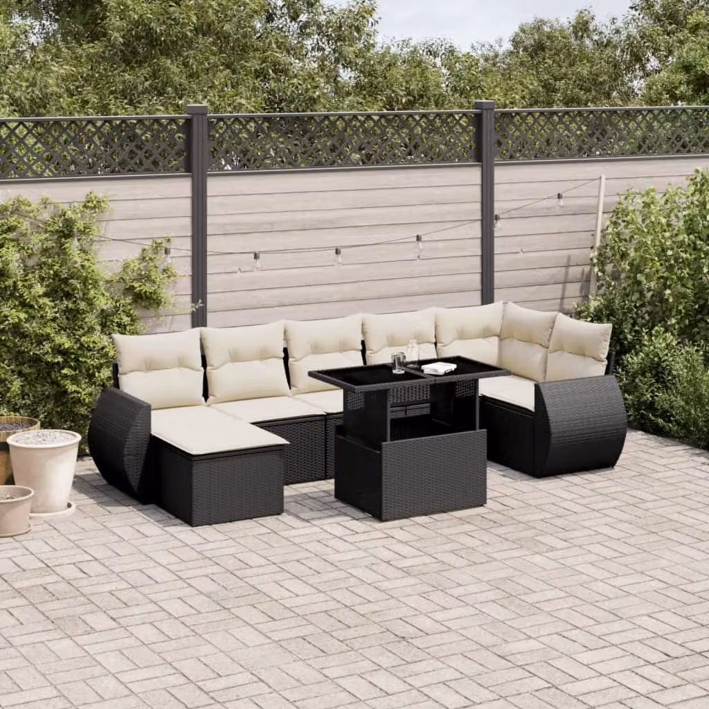 Set Divani da Giardino a L vidaXL in Polyrattan Nero con Cuscini e Tavolino da Esterno – 1