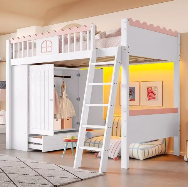 Letto a soppalco 90x200 cm bianco – LED, ripostiglio e armadio, senza materasso
