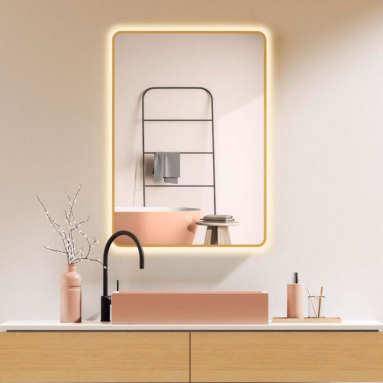 Specchio da bagno a LED, 60x80 cm, color oro, con sensore touch e possibilità di cambiare la tonalità della luce