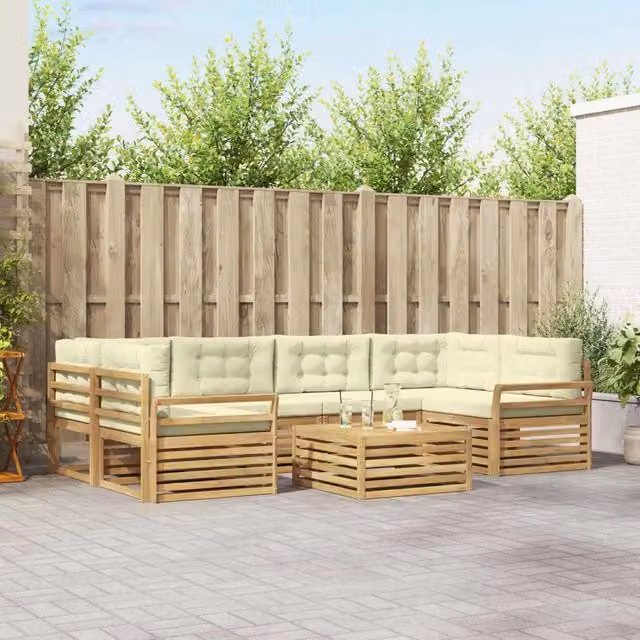 Set di divani da esterno a forma di U vidaXL in legno di acacia con cuscini, Bianco e Beige
