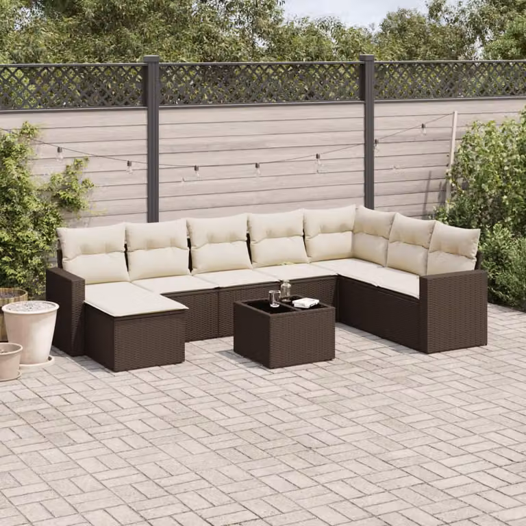 Set di divani da giardino vidaXL in polyrattan marrone con 9 pezzi e cuscini inclusi