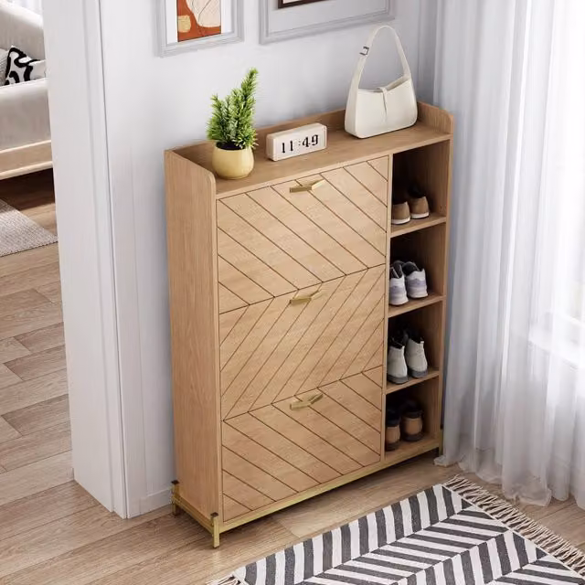 Scarpiera moderna a tre ante a ribalta con chiusura ammortizzata in MDF effetto rovere, L: 90 cm, P: 24 cm, H: 119 cm