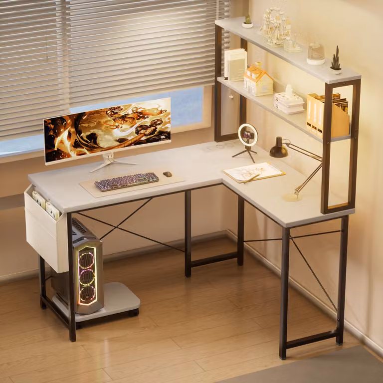 Scrivania a forma di L - Bianca - Con illuminazione a LED - In metallo e legno
