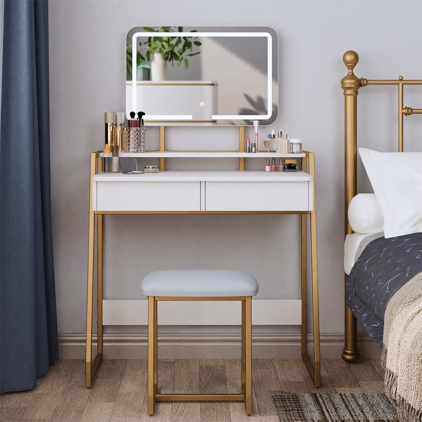 Comò da trucco con illuminazione a LED, specchio e sgabello, 2 cassetti, bianco/oro
