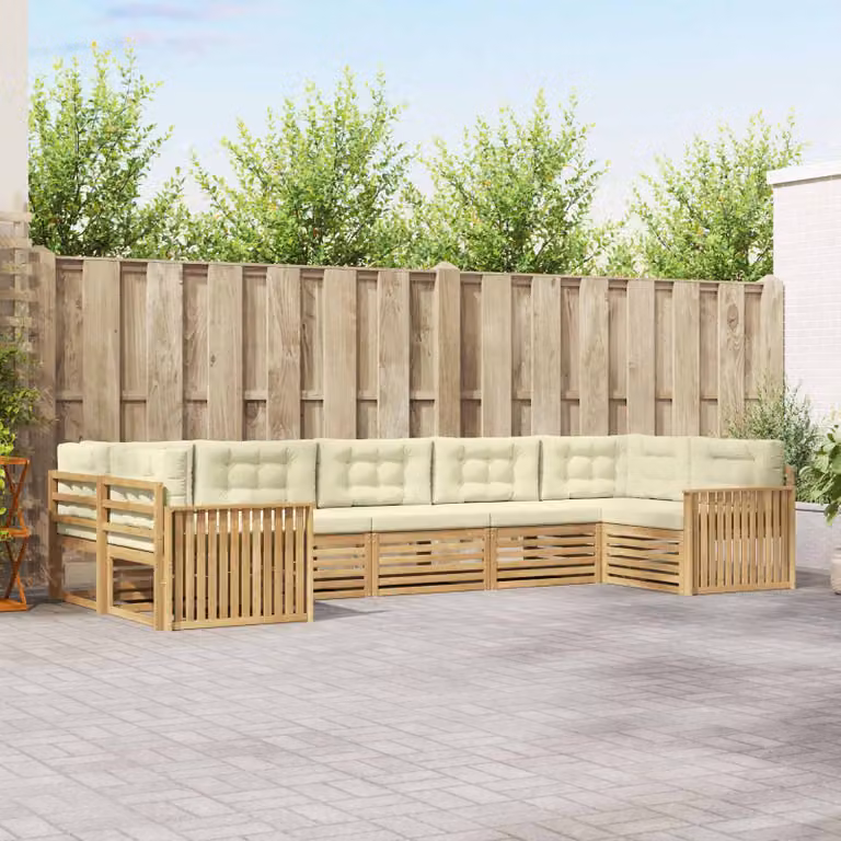 vidaXL Set di divani da esterno a L in legno di acacia, 7 pezzi, Bianco, Beige e Marrone con cuscini inclusi