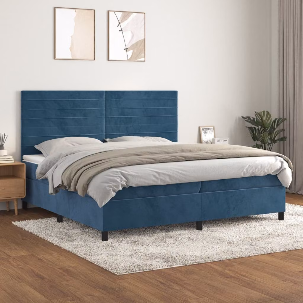 Letto con Giroletto a Molle e Materasso Ibrido vidaXL in Velluto Blu, L/P/H: 200 x 200 x 128 cm