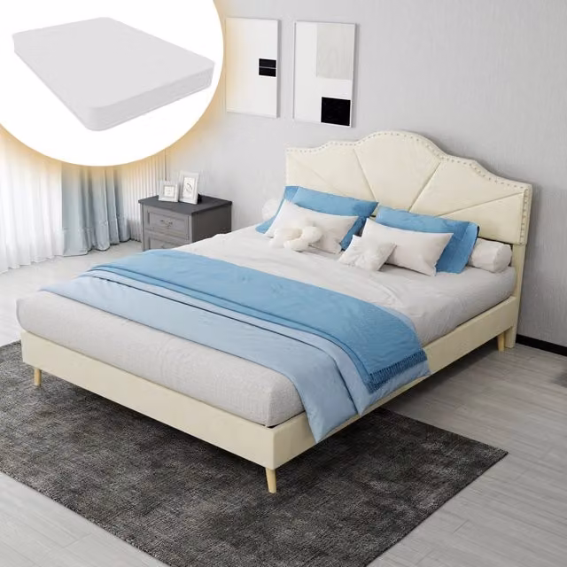 Letto matrimoniale 140x200 cm con materasso incluso; testiera geometrica in tessuto beige e metallo