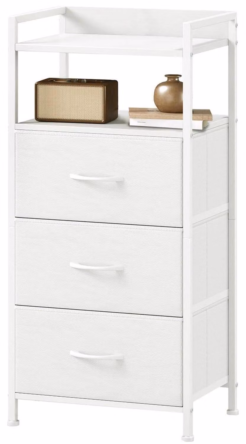 Comodino con 3 cassetti in tessuto, colore bianco, dimensioni 28T x 40.2B x 85H cm
