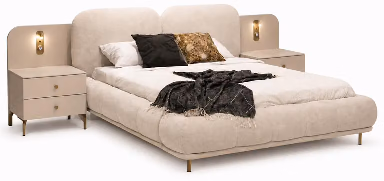 Set per camera da letto: letto (struttura e testiera), 2 comodini, 2 pannelli
