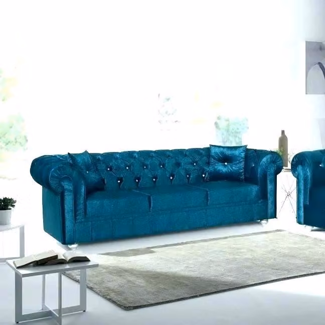 Chesterfield Samt Sofa 3 Sitzer Designer Couchen Couch Stoff Polster Textil Blau