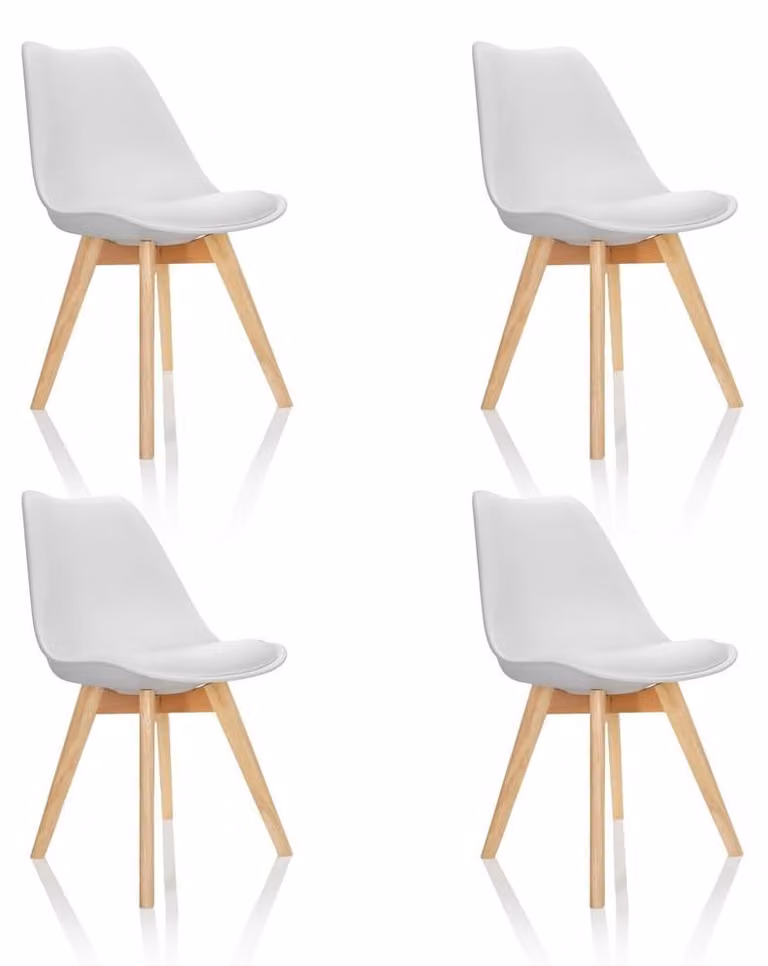 Set di 4 sedie da pranzo in stile scandinavo, realizzate in plastica bianca con gambe in legno di faggio