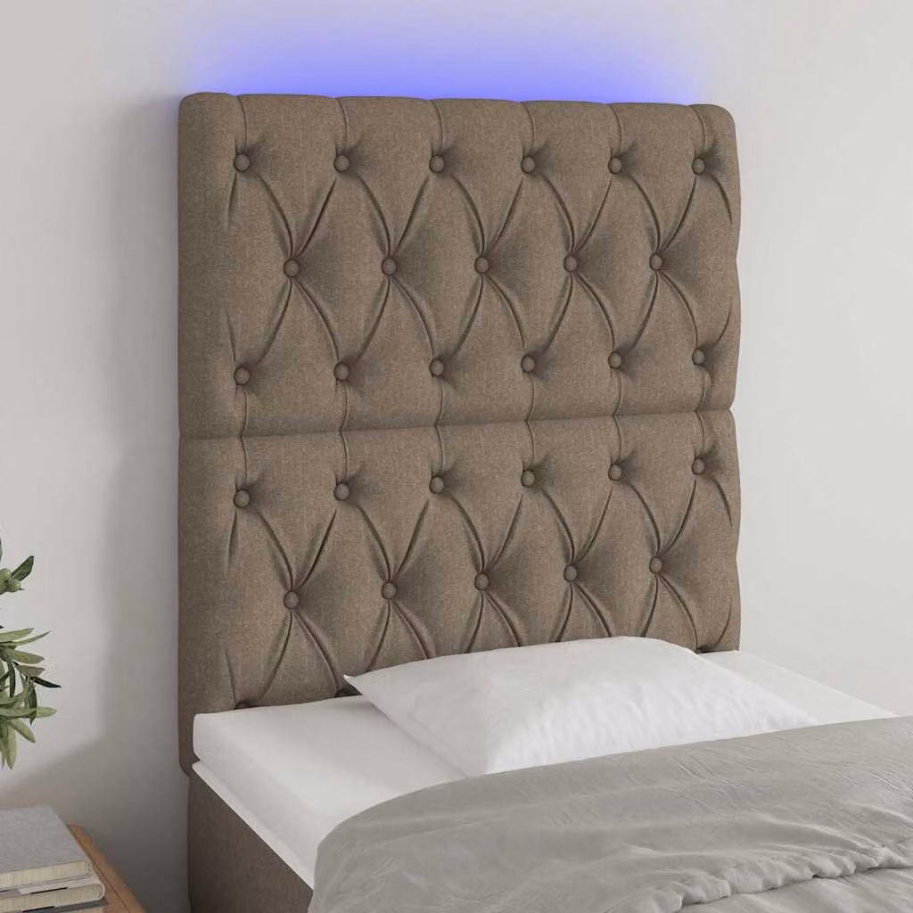 Testiera per letto con illuminazione LED e porta USB vidaXL in tessuto tortora, L: 80 cm, P: 7 cm, H: 118-128 cm