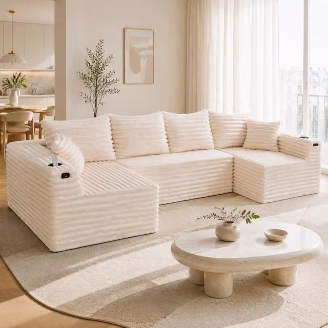 Divano modulare a U ULEVR 320x155x88 cm in velluto a coste beige, con portabevande, tasca laterale e 6 cuscini