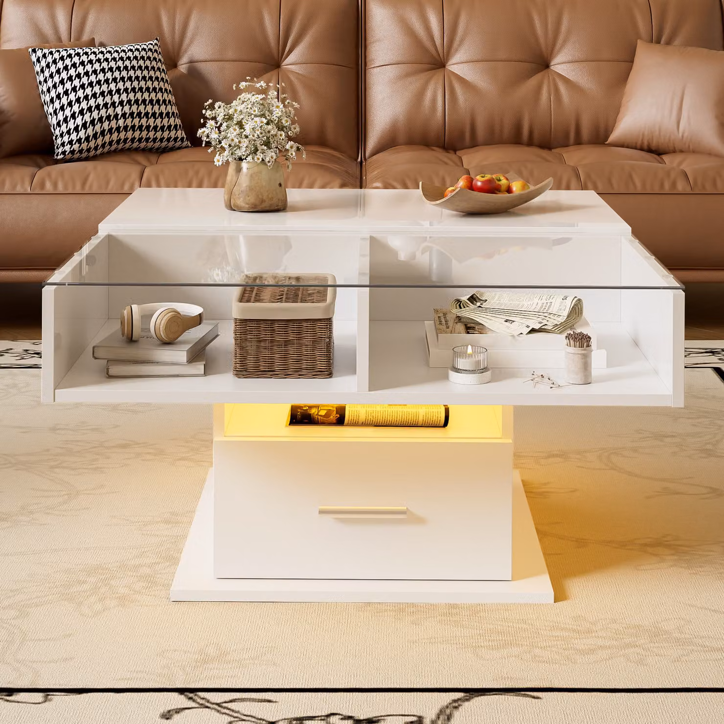 Tavolino da salotto moderno GL Store bianco laccato lucido con meccanismo alzabile e regolabile in altezza, L/P: 78 x 78 cm, H: 45,5 cm – 2