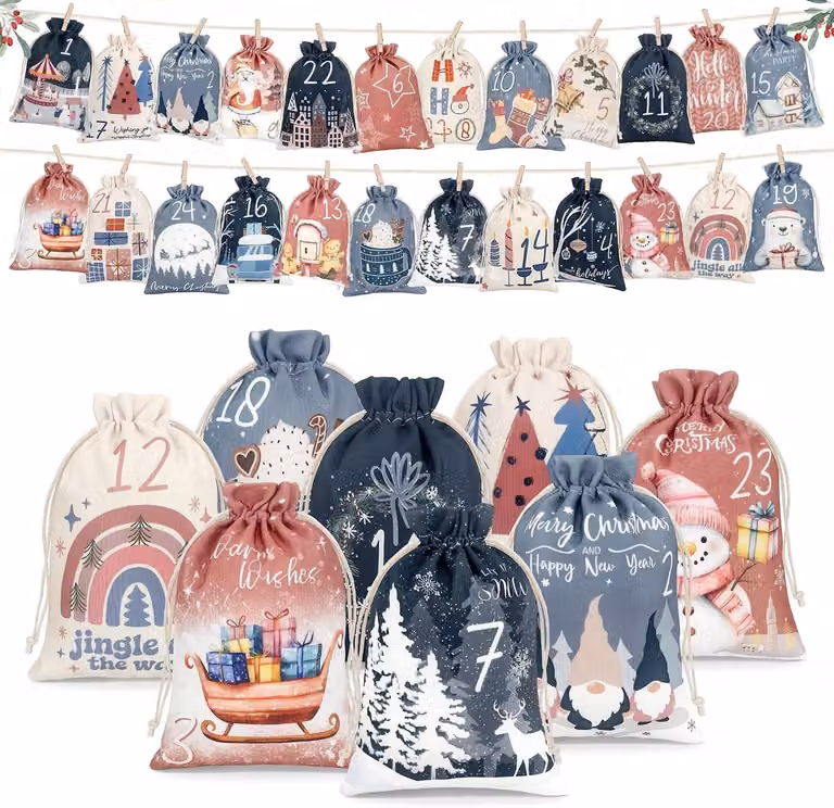 Calendario dell'Avvento da riempire personalmente. Grande, 21 x 15 cm. Include 24 sacchetti per il calendario dell'Avvento, da riempire a piacere. Sacchetti in tessuto per creare il proprio calendario di Natale