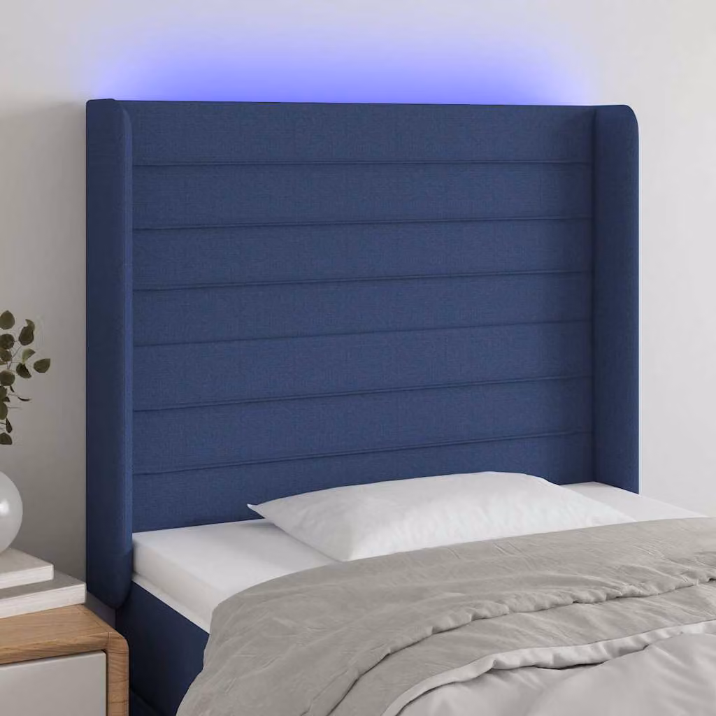 Testiera per letto vidaXL in tessuto blu con illuminazione LED integrata e porta di ricarica USB, L 83 cm, P 16 cm, H 118-128 cm