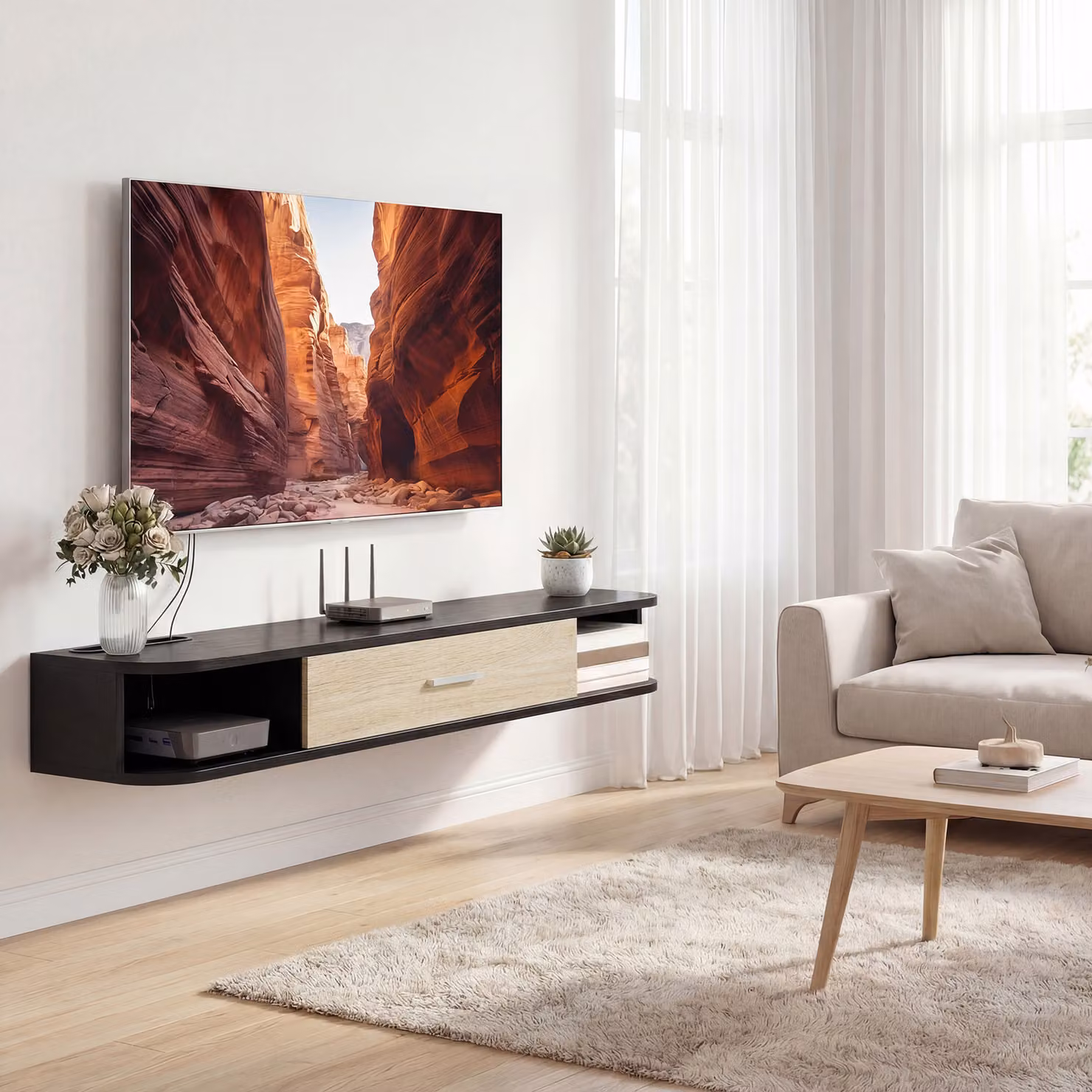 Mobile TV sospeso HOMCOM nero con sportello ribaltabile, 2 ripiani aperti e passacavi, L 120 x P 26 x H 16 cm – 2