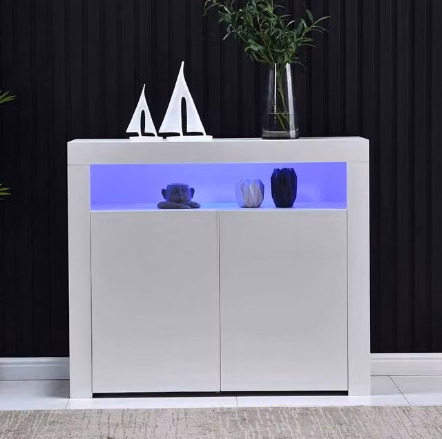 Sideboard moderno con illuminazione LED integrata e 2 ante, finitura bianco lucido, L 108 cm x P 40 cm x H 92 cm – 1