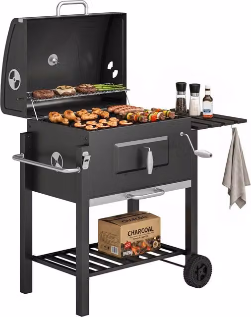 Barbecue a Carbonella Smoker BBQ ¨C Xylo ¨C 2 Griglie, Ripiano, Portasciugamani, 113x65x108 cm, Nero