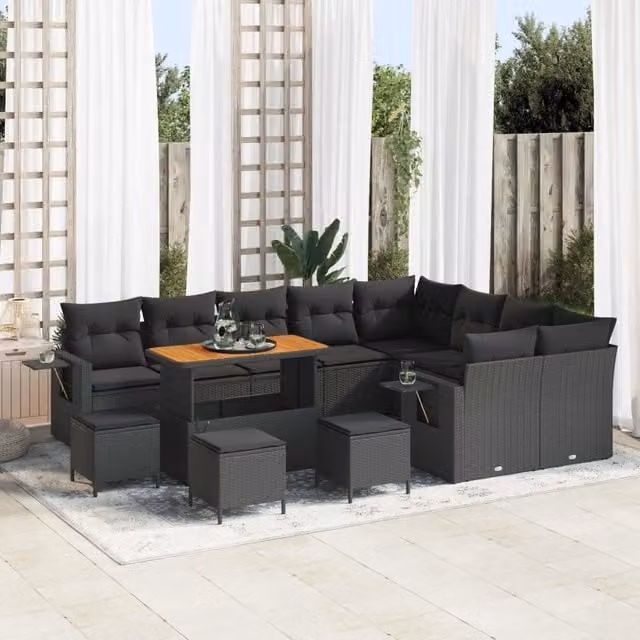 Set Divano da Giardino vidaXL a Forma a U con 13 Pezzi, Nero, in Polyrattan e Metallo con Cuscini Inclusi