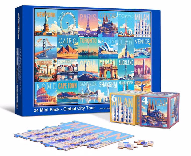 Calendario giornaliero con 24 mini-puzzle, città del mondo, 1000 pezzi. Calendario dell'Avvento "Global City Tour 2026"