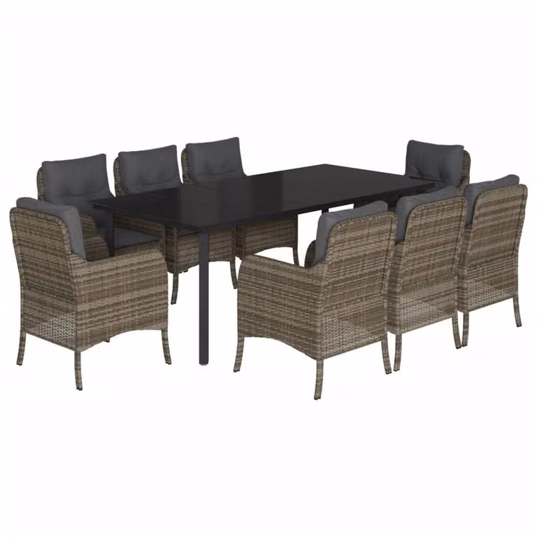 Set da Pranzo da Giardino 9 pz con Cuscini in Polyrattan Grigio