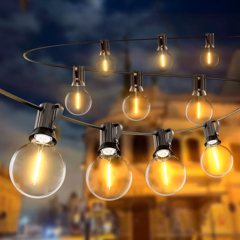 Catena luminosa a LED, lunghezza 11 metri, 15 lampadine G40 più 1, luce bianco caldo, grado di protezione IP65