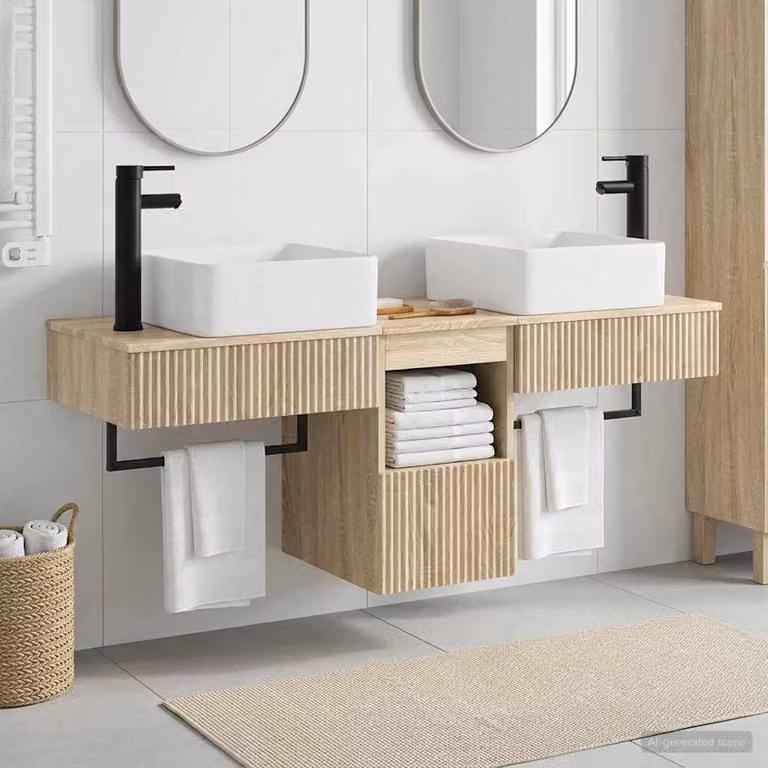 Set di 3 armadi da bagno moderni vidaXL in legno marrone e beige, con ripiani e cassetti interni, sospesi a parete L/P/H: 53 x 35 x 39 cm
