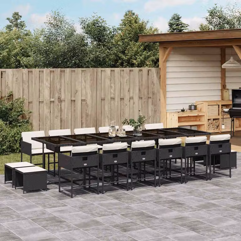 Set da pranzo da giardino vidaXL in polyrattan nero con cuscini e piano in vetro, 17 pezzi