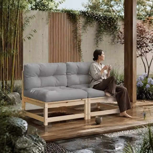 Garden Sofas Without Armrests With Cushions, 2 Pieces, Solid Pine Wood