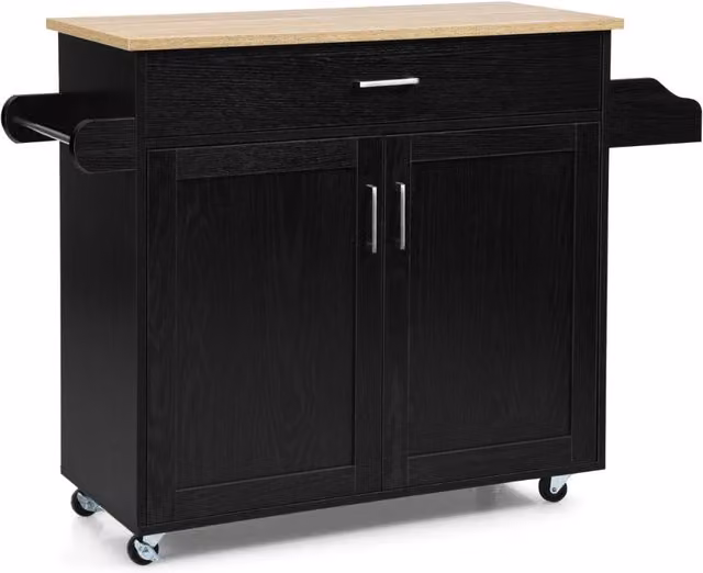 Isola da cucina con mensola regolabile Design Mania, carrello moderno in nero con ruote in gomma, L: 116 cm, P: 40 cm, H: 85 cm