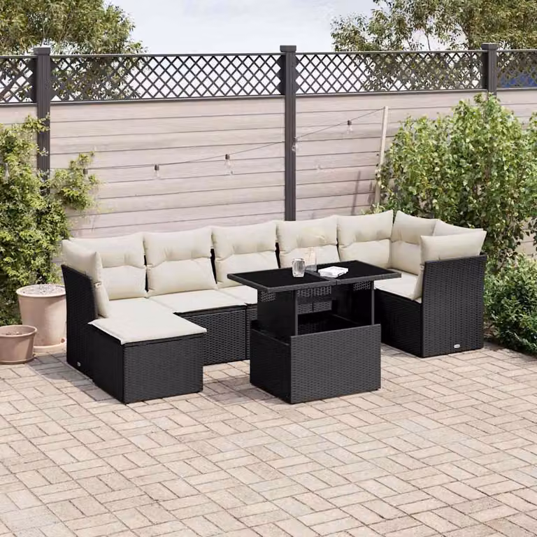 vidaXL Set Divani da Giardino a L in Polyrattan Nero con Cuscini e Tavolino da Esterno