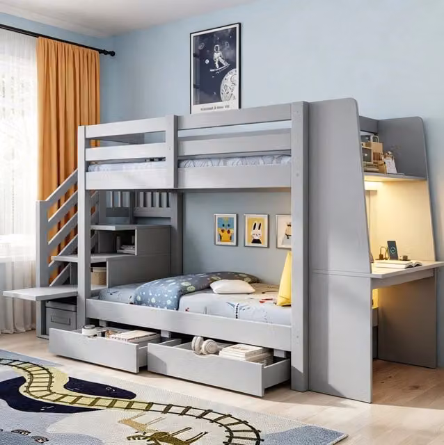 Letto a soppalco 90x200 cm con scrivania; LED e cassetti in legno; grigio