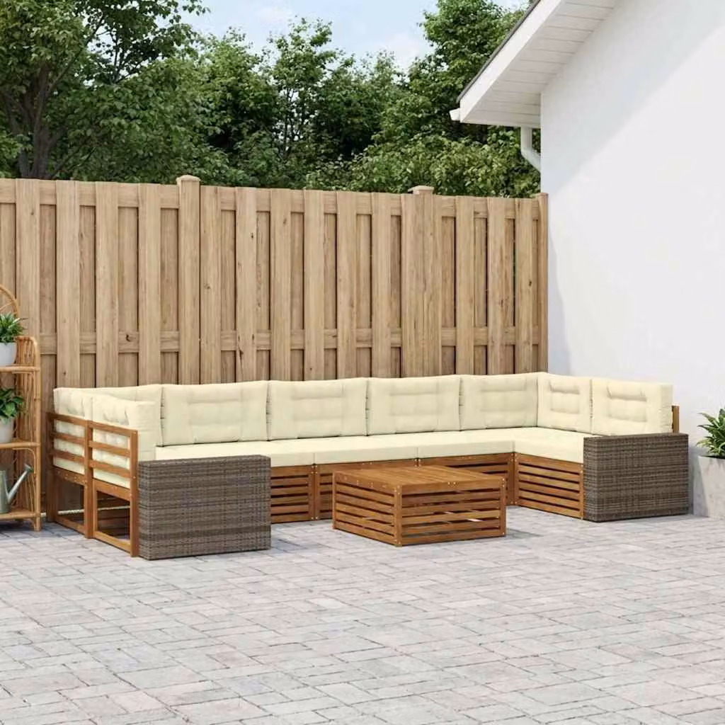 Set di divani da esterno vidaXL 8 pz in legno di acacia con cuscini beige e bianco per giardino e terrazza