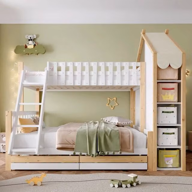 Letto a castello per bambini Beaok in legno di pino con 2 cassetti e scala, bianco e naturale, L/P/H: 90 x 200 cm + 140 x 200 cm