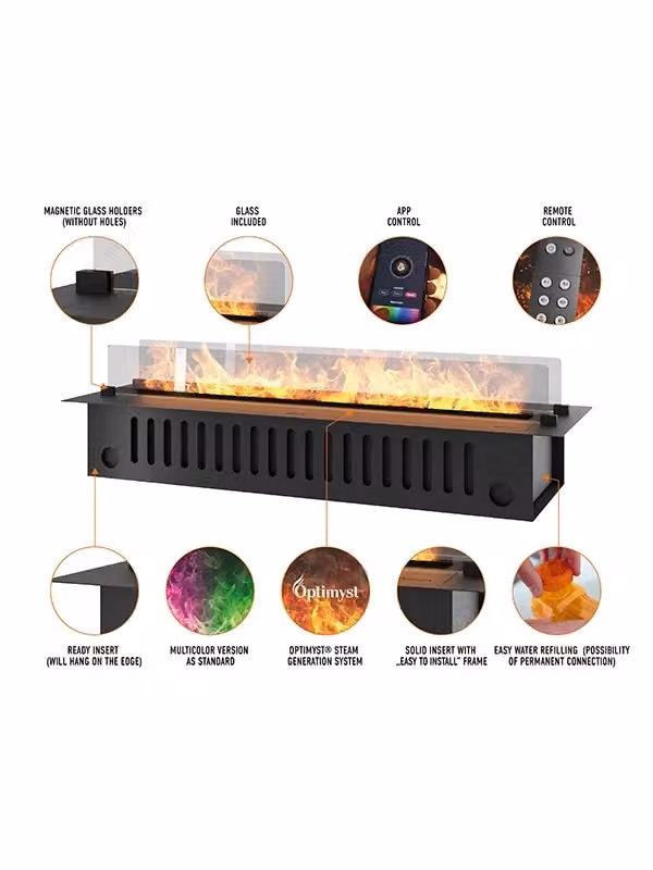 Camino a vapore da incasso Outinfire con LED multicolore e controllo tramite app, colore nero, L: 220 cm – 2