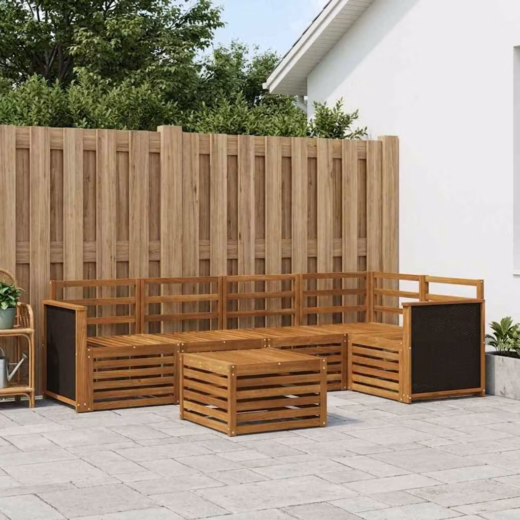 Set di divani da esterno vidaXL in legno di acacia massello con tavolo da caffè e cuscini, forma a L, colore marrone e bianco