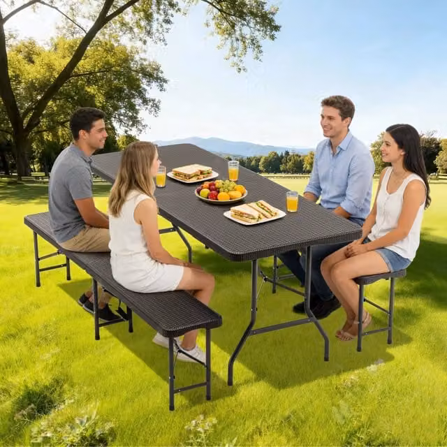 Set Tavolo da Picnic Pieghevole Outsunny Minimal con 2 Panche in HDPE Nero, Lunghezza: 182 cm