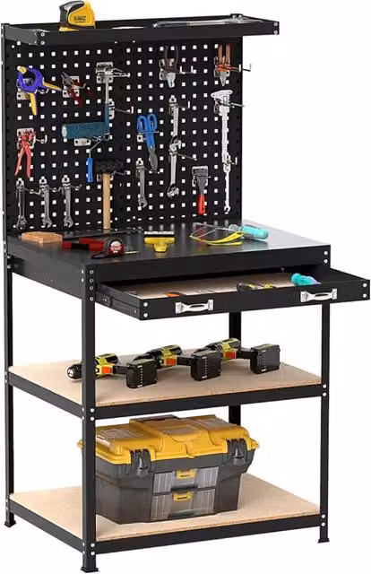 Banco da Lavoro FDS Gmbh in Metallo con Pannello Forato, 20 Ganci, Cassetto e 2 Mensole, Colore Nero e Blu – 1