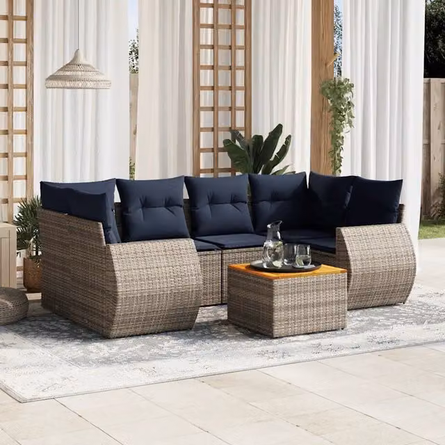Set Divani da Giardino 7 pz con Cuscini Grigio in Polyrattan 3224906