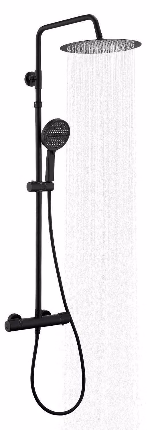 Sistema doccia con termostato, colore nero, diametro 300 mm. Set doccia a pioggia, forma circolare, diametro 30 cm