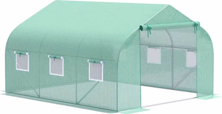 Serra Moonbite con tetto a falde, dimensioni 350 x 300 x 200 cm, struttura per piante accessibile con porta a rullo, finestre apribili e supporti inclinati, realizzata in ferro, colore verde scuro