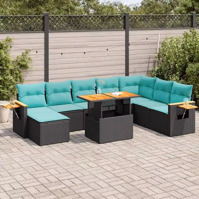 Set Divani Giardino 10pz con Cuscini Nero in Polyrattan Acacia 3327634